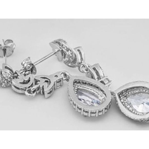 Exquisite Platinum & Silver Diamond Simulant Pierced Dangle Earrings - Picture 2 of 4